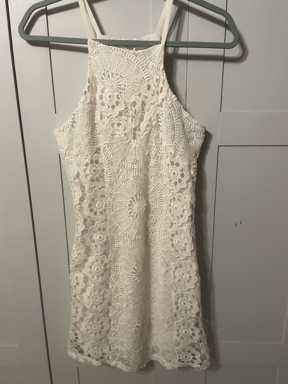 Francesca's Collections White Crochet Halter Mini Dress